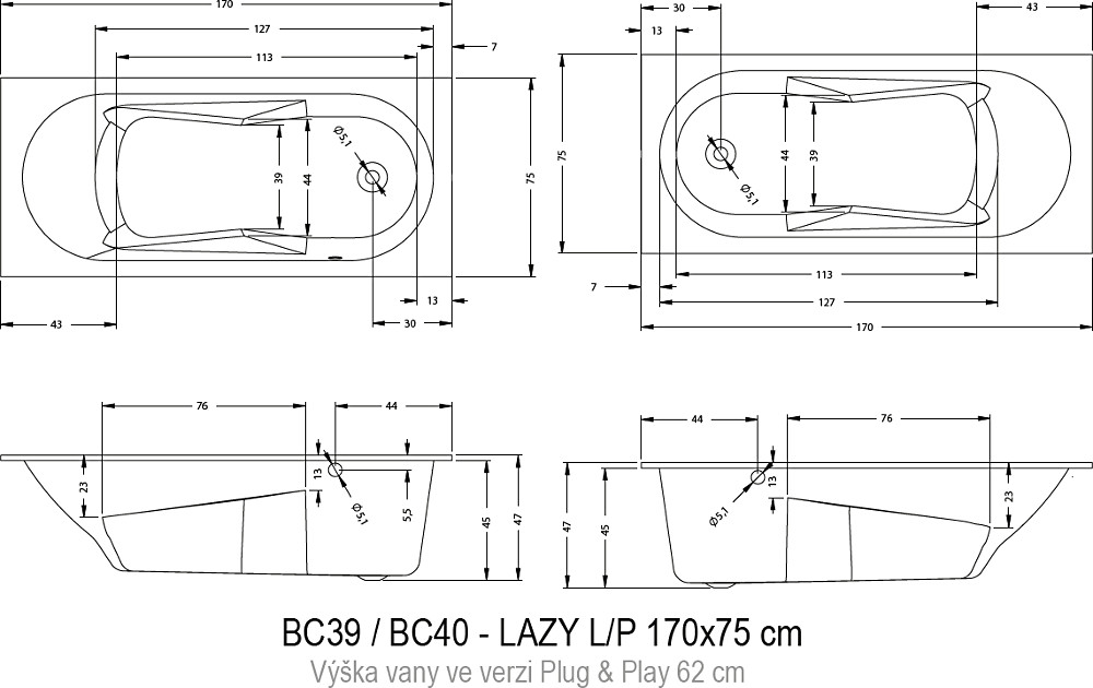 Акриловая ванна Riho LAZY 170x75 правая - PLUG & PLAY, B079005005 (BD7900500000000)