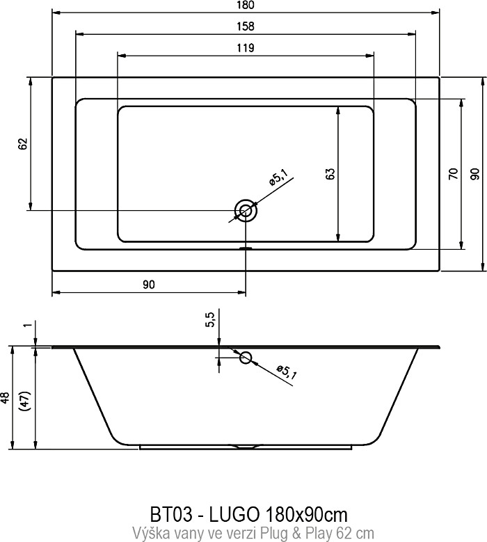 Акриловая ванна Riho LUGO 180x90 левая - PLUG & PLAY, B134015005 (BD6600500000000)