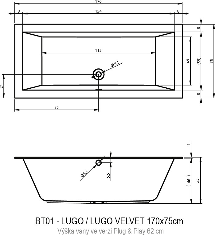 Акриловая ванна Riho LUGO 170x75 левая - PLUG & PLAY, B132016005 (BD6200500000000)