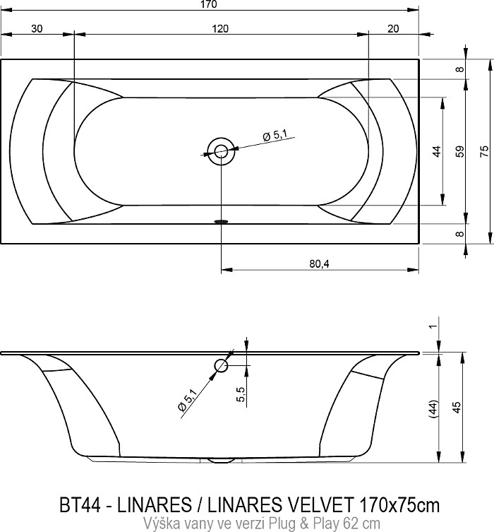 Акриловая ванна Riho LINARES 170х75 правая - PLUG & PLAY, B141010005 (BD5300500000000)