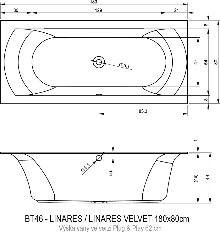 Акриловая ванна Riho LINARES 180х80 правая - PLUG & PLAY, B142010005 (BD5500500000000)