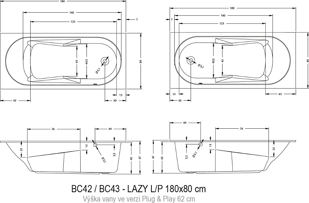 Акриловая ванна Riho LAZY 180x80 правая - PLUG & PLAY, B082005005 (BD7700500000000)