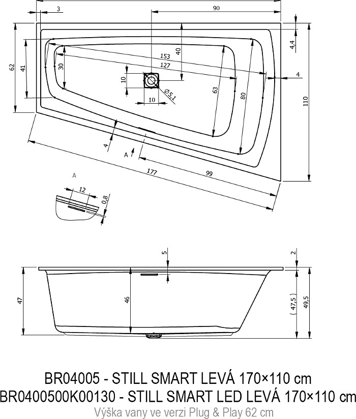 Акриловая ванна Riho STILL SMART 170х110 левая, заполнение через перелив, B102016005 (BD16C0500000000)