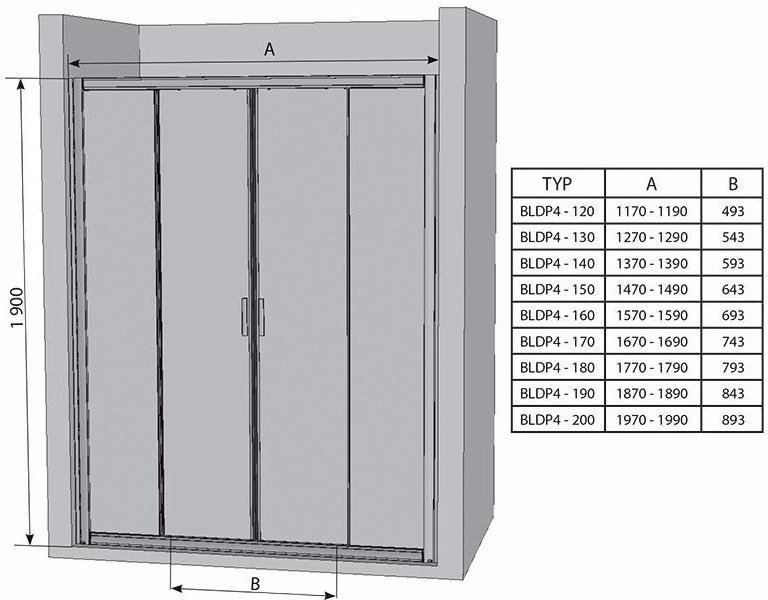 Душевая дверь раздвижная четырехэлементная Ravak Blix BLDP4-150 (блестящий+транспарент) 0YVP0C00Z1
