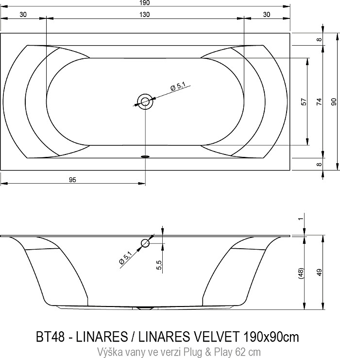 Акриловая ванна Riho LINARES 190х90 правая - PLUG & PLAY, B143016005 (BD5700500000000)