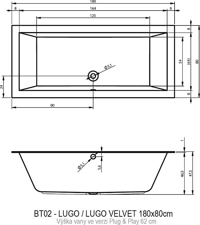 Акриловая ванна Riho LUGO 180x80 левая - PLUG & PLAY, B133016005 (BD6400500000000)