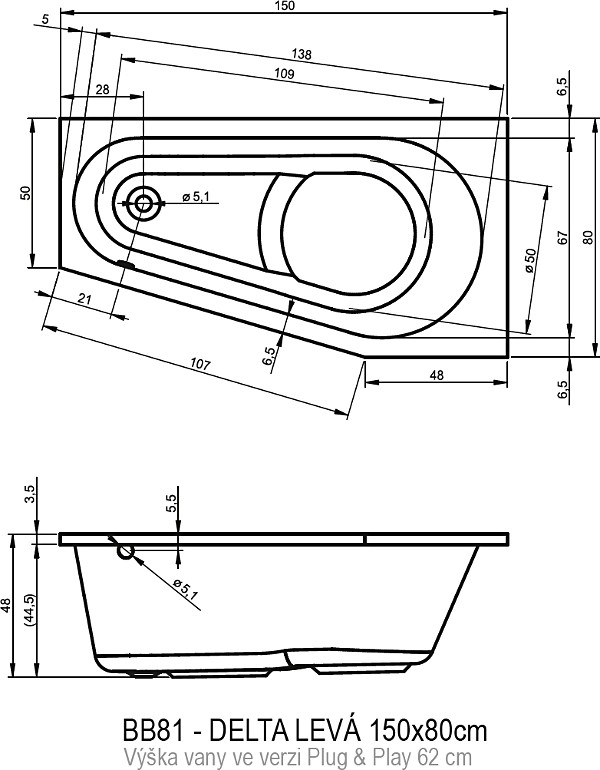 Акриловая ванна Riho DELTA 150х80 левая - PLUG & PLAY, B067007005 (BD4100500000000)