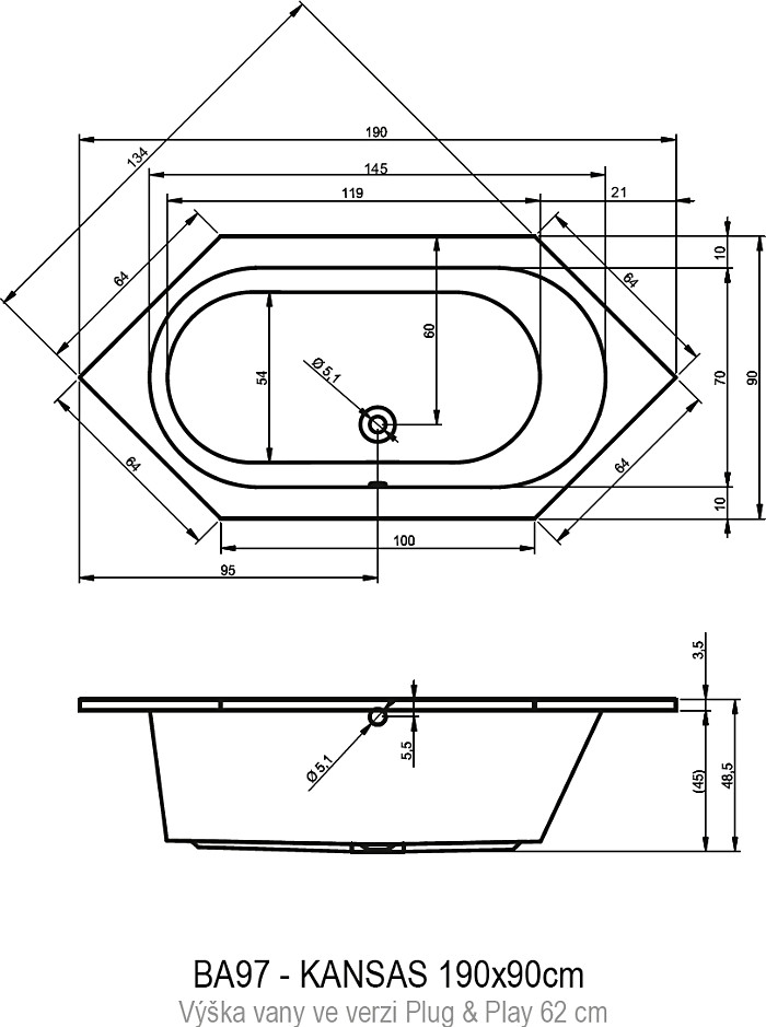Акриловая ванна Riho KANSAS 190х90 - PLUG & PLAY, B035008005 (BD5000500000000)